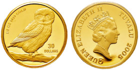 Tuvalu. Elizabeth II. 1952-2022 
Set von 4 Goldmünzen zu 50, 30, 15 und 3 Dollars 2005. Auf einem Ast nach rechts stehende Eule mit hersehendem Kopf....