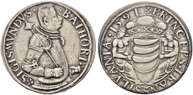 Ungarn-Siebenbürgen. Sigismund Bathory 1581-1602 
Taler 1591 -Nagybanya-. Hüftbild im verzierten Harnisch mit geschultertem Streitkolben nach rechts ...