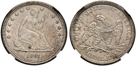 USA. 
Quarter Dollar 1861 -Philadelphia-. Seated Liberty. KM A64.2. In Plastikholder der NGC (slabbed) mit der Bewertung AU 55 kleiner Kratzer auf de...