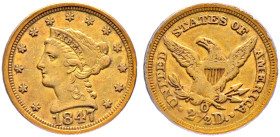 USA. 
2 1/2 Dollars 1847 -New Orleans-. Liberty Head. Mit sehr seltener und interessanter 90 Grad- Stempeldrehung der Vorderseite zur Rückseite. KM 7...