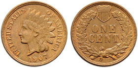 USA. 
Cent (Bronze) 1907 -Philadelphia-. Indian head. KM 90a. selten in dieser Erhaltung, prägefrisches Prachtexemplar