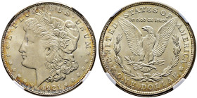 USA. 
Morgan Dollar 1921 -San Francisco-. KM 110. In Plastikholder der NGC (slabbed) mit der Bewertung MS 64+ leichte Tönung, fast Stempelglanz