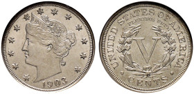 USA. 
5 Cents 1903 -Philadelphia-. Liberty Nickel. KM 112. In Plastikholder der NGC (slabbed) mit der Bewertung MS 64 selten in dieser Erhaltung, fas...