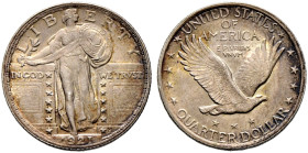 USA. 
Quarter Dollar 1921 -Philadelphia-. Standing Liberty. KM 145. sehr seltener Jahrgang, feine Patina, vorzüglich-Stempelglanz