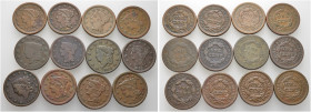 USA. 
Lot (12 Stücke): 1 Cent-Kupfermünzen vom Typ Coronet Cent (KM 45) von 1818, 1822 und 1834 sowie vom Typ Braided Hair Cent (KM 67) von 1842, 184...