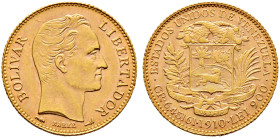 Venezuela. Republik 
20 Bolivares 1910. Simon Bolivar. Fr. 5c, KM Y. 32. 6,48 g vorzüglich