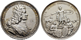 Königsegg. Graf Franz Maximilian Eusebius von Aulendorf *1669, †1710 
Silbermedaille o.J. von P.H. Müller, auf den Schutz der Städte Kempten, Bregenz...