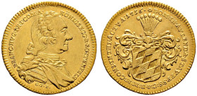 Königsegg. Franz Hugo 1736-1771 
Dukat 1756 -Wien-. Stempel von G. Toda. Geharnischtes Brustbild nach rechts / Einfach behelmtes Wappen. Mit Laubrand...
