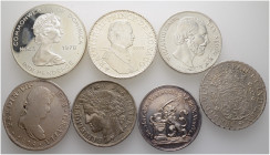 7 Stücke: DOMENICA, 20 Dollars 1978 "50 Jahre Zeppelin" (KM 13, R); FRANKREICH, 5 Francs 1851 A; MEXIKO, 8 Reales 1758 und 1818; MONACO, 50 Francs 197...