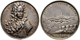 Landau, Stadt. 
Silbermedaille 1704 von P.H. Müller, auf die zweite Einnahme der Stadt durch die Kaiserlichen. Geharnischtes Brustbild Kaiser Joseph ...