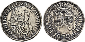 Leiningen-Westerburg. Georg Wilhelm 1637-1695 
Gulden zu 60 Kreuzer 1677. Brustbild im Harnisch mit Mantel nach rechts, unter dem Brustbild die Werta...