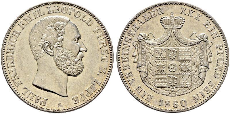 Lippe-Detmold. Paul Friedrich Emil Leopold 1851-1875 
Vereinstaler 1860 A. AKS ...