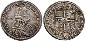 Haus Habsburg. Erzherzog Maximilian (III.) 1612-1618 
Taler 1618 -Hall-. MT 416 var., Dav. 3324, Voglh. 122/13. -Walzenprägung- feine Patina, sehr sc...