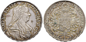 Haus Habsburg. Maria Theresia 1740-1780 
1/2 Taler 1767 -Hall-. Her. 660, Eyp. 203, MT 1018. Frühwald 584a feine Patina, minimaler Stempelfehler auf ...