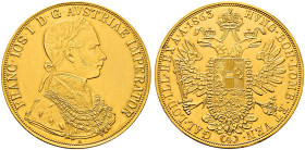Haus Österreich. Franz Josef I., Kaiser von Österreich 1848-1916 
4 Dukaten 1863 -Wien- (A). Her. 15, J. 331, Fr. 485. Frühwald 110. 13,96 g winzige ...