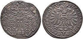 Nürnberg, Stadt. 
1/2 Reichsguldiner zu 30 Kreuzer 1629 (die letzte Ziffer im Stempel umgeschnitten). Zwei mit Engeln bedeckte Stadtschilde, darüber ...