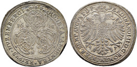 Nürnberg, Stadt. 
Taler 1627. Mmz. Kreuz. Drei Wappenschilde zwischen der geteilten Jahreszahl / Gekrönter Doppel­adler sowie Titulatur Kaiser Ferdin...