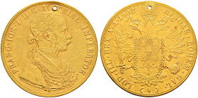 Haus Österreich. Franz Josef I., Kaiser von Österreich 1848-1916 
4 Dukaten 1902 -Wien-. Ohne Münzzeichen. Her. 57, J. 345, Fr. 487. 13,80 g gelocht,...