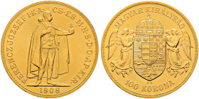 Haus Österreich. Franz Josef I., Kaiser von Österreich 1848-1916 
100 Kronen 1908 -Kremnitz-. 100 Jahre Ungarn. Offizielle NEUPRÄGUNG (restrike). Her...