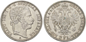 Haus Österreich. Franz Josef I., Kaiser von Österreich 1848-1916 
Doppelgulden 1869 -Wien-. Her. 497, J. 336a. minimale Kratzer, sehr schön-vorzüglic...