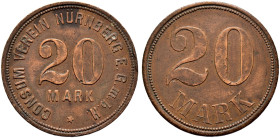 Nürnberg, Stadt. 
Kupfermarke zu 20 Mark o.J. vom Consum Verein Nürnberg E.G.m.b.H. Menzel - vgl. 19066. 33,5 mm bisher unbekanntes, hohes Nominal, s...