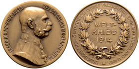 Haus Österreich. Franz Josef I., Kaiser von Österreich 1848-1916 
Bronzemedaille 1914 von Mayer und Wilhelm, auf den Feldzug 1914 im Ersten Weltkrieg...