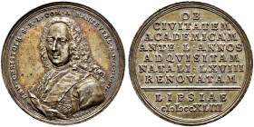 Sachsen-Albertinische Linie. Friedrich August II. 1733-1763 
Silbermedaille 1743 von A. Vestner, auf das 50-jährige Universitätsjubiläum des Kabinett...