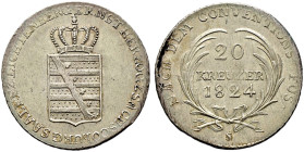 Sachsen-Coburg-Saalfeld. Ernst 1806-1826 
20 Kreuzer 1824 S. Mit größerem Wappen und Laubrand. AKS 131, J. 237. BST 1352d minimal justiert, vorzüglic...