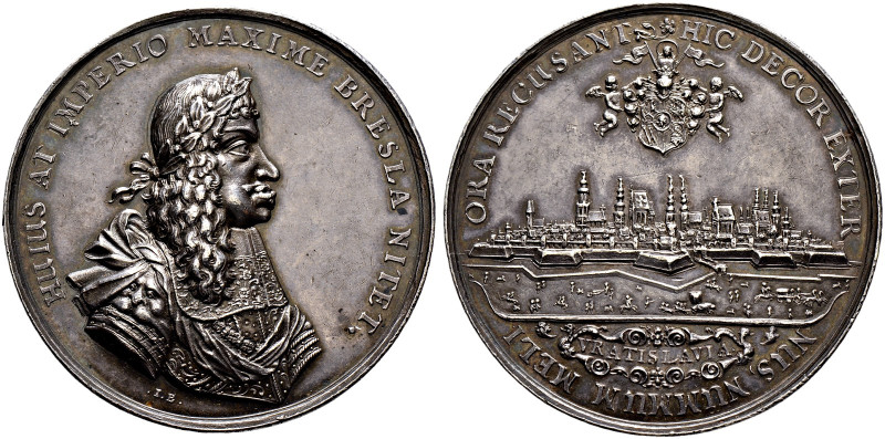 Schlesien-Breslau, Stadt. 
Silbermedaille 1669 von J. Buchheim, auf die Kaiserh...