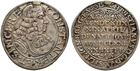 Schlesien-Liegnitz-Brieg. Christian zu Wohlau 1639-1673 
1/4 Taler 1672 -Liegnitz-. Auf seinen Tod. Fr.u.S. 1948, Slg. Löffler 792. selten, Henkelspu...