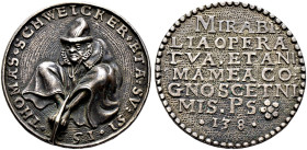 Schwäbisch Hall, Stadt. 
Silbermedaille 1591 unsigniert, auf Thomas Schweicker. Nach halblinks sitzender Künstler mit Mantel und Hut, mit den Zehen e...