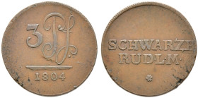 Schwarzburg-Rudolstadt. Ludwig Friedrich II. 1793-1807 
Cu- 3 Pfennige 1804. AKS -, J. 23, Fischer 595, BST 1463. Schrötlingsfehler am Rand, sehr sch...