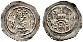 Selz, Abtei. Anonym, Zeit der Hohenstaufen 12./13. Jh 
Pfennig vor 1190. Brustbild eines tonsurierten, bärtigen Abtes von vorn mit segnender Rechten....