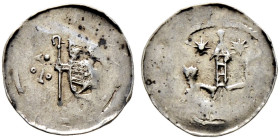 Selz, Abtei. Anonym, Zeit der Hohenstaufen 12./13. Jh 
Pfennig. Nach links sitzender Geistlicher mit vorgehaltenem Krummstab, davor ein "länglicher G...