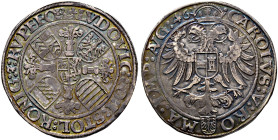 Stolberg-Königstein. Ludwig II. zu Rochefort 1535-1574 
Taler 1546 -Nördlingen-. Blumenkreuz mit fünf Wappen / Gekrönter Doppeladler mit dem Wappensc...