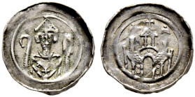 Straßburg, Bistum. Konrad von Hünenburg 1190-1202 
Pfennig. Mitriertes Bischofsbrustbild von vorn mit Krummstab und Buch / Dreitürmiges Kirchengebäud...