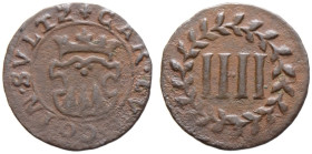 Sulz, Grafschaft. Karl Ludwig II. Ernst 1617-1648 
Cu-4 Heller o.J. -Tiengen-. Gekröntes Wappen / Römische Wertzahl im Kranz. Klein NNB 8 Abb. 3, Ebn...