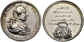 Thurn und Taxis. Carl Anselm 1773-1805 
Silbermedaille, sogen. Huldigungsmedaille 1786 von J.M. Bückle. Brustbild im Harnisch nach rechts / Fünf Zeil...
