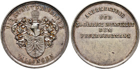 Villingen (Schwarzwald). 
Silberne Prämienmedaille o.J. (um 1900) unsigniert, für 30-jährige Dienstzeit bei der Feuerwehr. Stadtwappen mit Helmzier /...