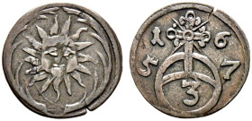 Waldburg-Sonnenberg. Christoph Karl, Otto und Max Wunibald 1657-1675 
Dreier 1657 -Dürmentingen-. Sonnenkopf zwischen Palmzweigen / Reichsapfel mit W...