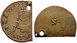 Waldburg-Wolfegg. Ferdinand Ludwig 1681-1735 
1/2 Cu-Fronmarke 1715. Hand mit Stab nach links, darüber der Reichsapfel / "N.". Ebner 25, Slg. Wurster...