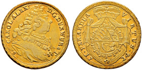 Württemberg. Karl Alexander 1733-1737 
Karolin 1734. Brustbild Typ 3 mit Signatur S (= Schmeltz) am Armabschnitt. KR 161.1, Ebner 23, Fr. 3589, Slg. ...