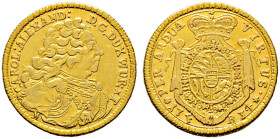 Württemberg. Karl Alexander 1733-1737 
1/4 Karolin 1734. Brustbild Typ 2 mit Signatur M (= Müller) am Armabschnitt. KR 177, Ebner 33, Fr. 3591, Slg. ...