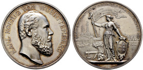 Württemberg. Karl 1864-1891 
Silbermedaille 1889 von K. Schwenzer, auf das Landwirtschaftliche Jubiläumsfest. Kopf nach rechts / Nach links stehende ...