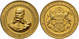 Württemberg. Wilhelm II. 1891-1918 
Vergoldete Bronzemedaille 1893 von Wilhelm Mayer, auf den Besuch des Königs in der gleichnamigen Prägeanstalt. Br...