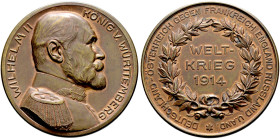 Württemberg. Wilhelm II. 1891-1918 
Bronzemedaille 1914 von Mayer und Wilhelm, auf die Waffenbrüderschaft mit Österreich im Ersten Weltkrieg. Brustbi...