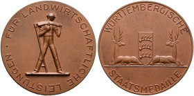 Württemberg. Freistaat 1919-1933 
Bronzene Prämienmedaille o.J. von A. Lörcher (unsigniert). Für Landwirtschaftliche Leistungen. Sogen. Württembergis...