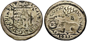 Württemberg-Weiltingen. Julius Friedrich 1617-1635 
Kipper-1/2 Hirschgulden zu 30 Kreuzer 1622 -Brenz-. Variante mit DVX.WIR:E:T:. Raff 11b, Ebner -,...