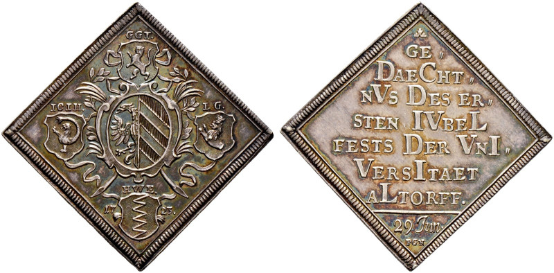ALTDORF. Universität Altdorf 
Silberne Medaillenklippe 1723 mit Münzmeisterzeic...