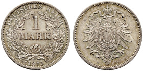 Kleinmünzen. 
1 Mark 1875 B. J. 9. Prachtexemplar mit feiner Tönung, fast Stempelglanz